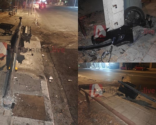 ΦΩΤΟ: Οδηγός προσέκρουσε σε φώτα τροχαίας στο Καϊμακλί, εκτινάχθηκε ο τροχός του οχήματος
